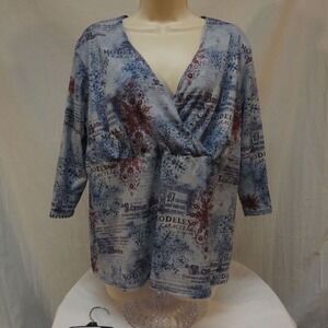 Lane Bryant Blouse Top Blue Floral Print 3/4 Sleeve Wrap Style Front Y2K Sz18/20